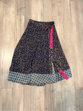 Women's Navy Floral Wrap Skirt with Pink Accent
